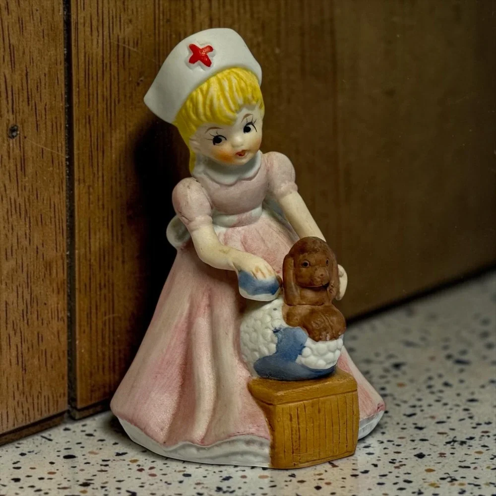Nurse Figurine Pink Vintage Girl Bathing Puppy Ceramic